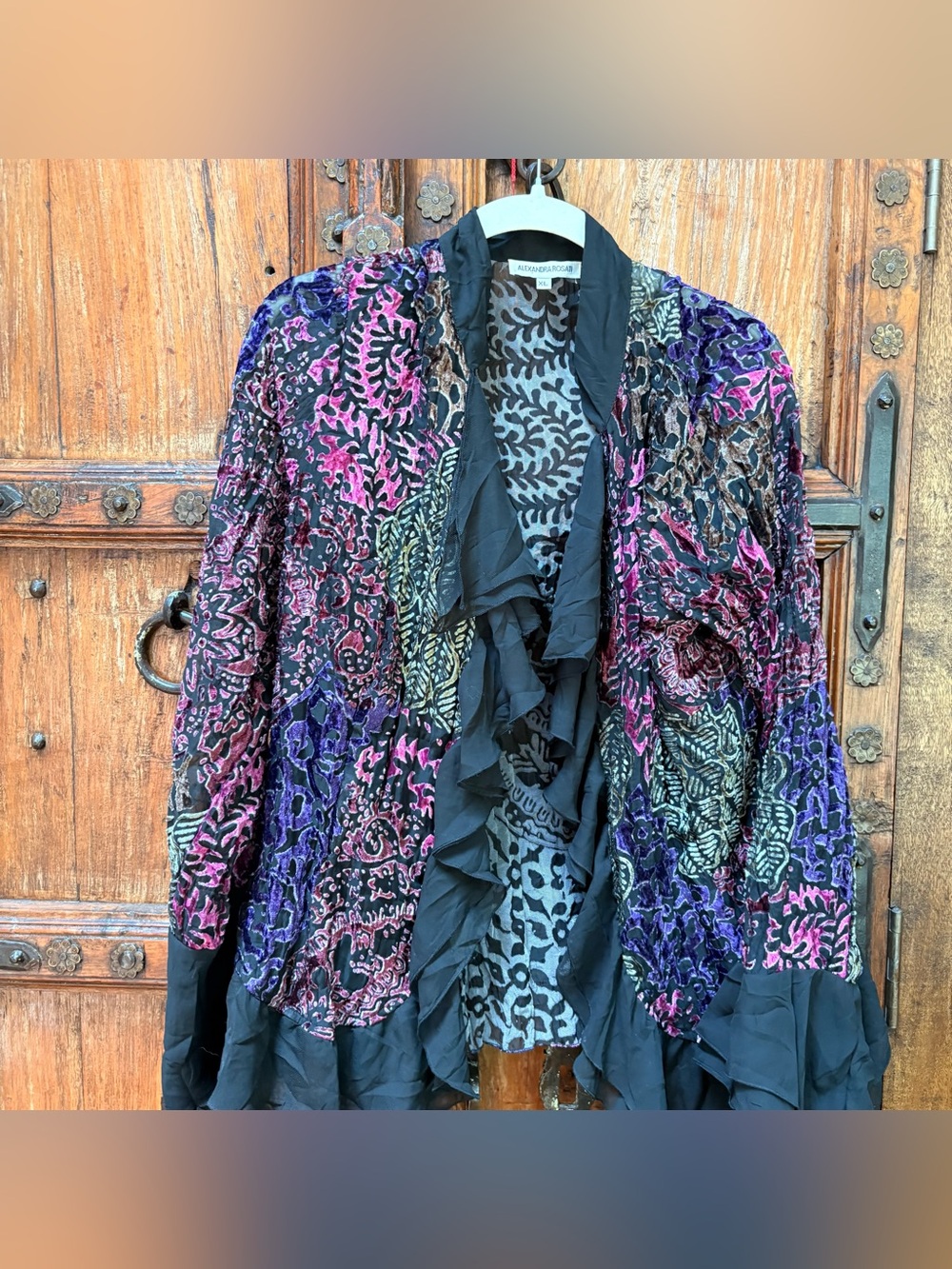 VTG Alexandra Rosati Burnout Velvet Ruffle Open Cardigan Jacket XL Boho